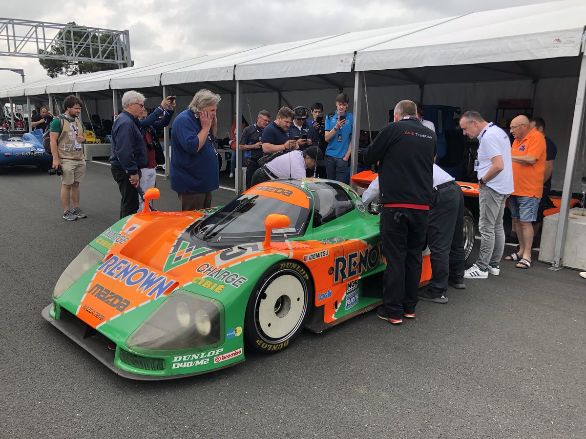 It’s raceday at the centenary Le Mans 24 Hours, but before the big race, an incredible selection of winning cars will complete two laps of the circuit. The Mazda 787B is getting ready for the demo laps at midday.