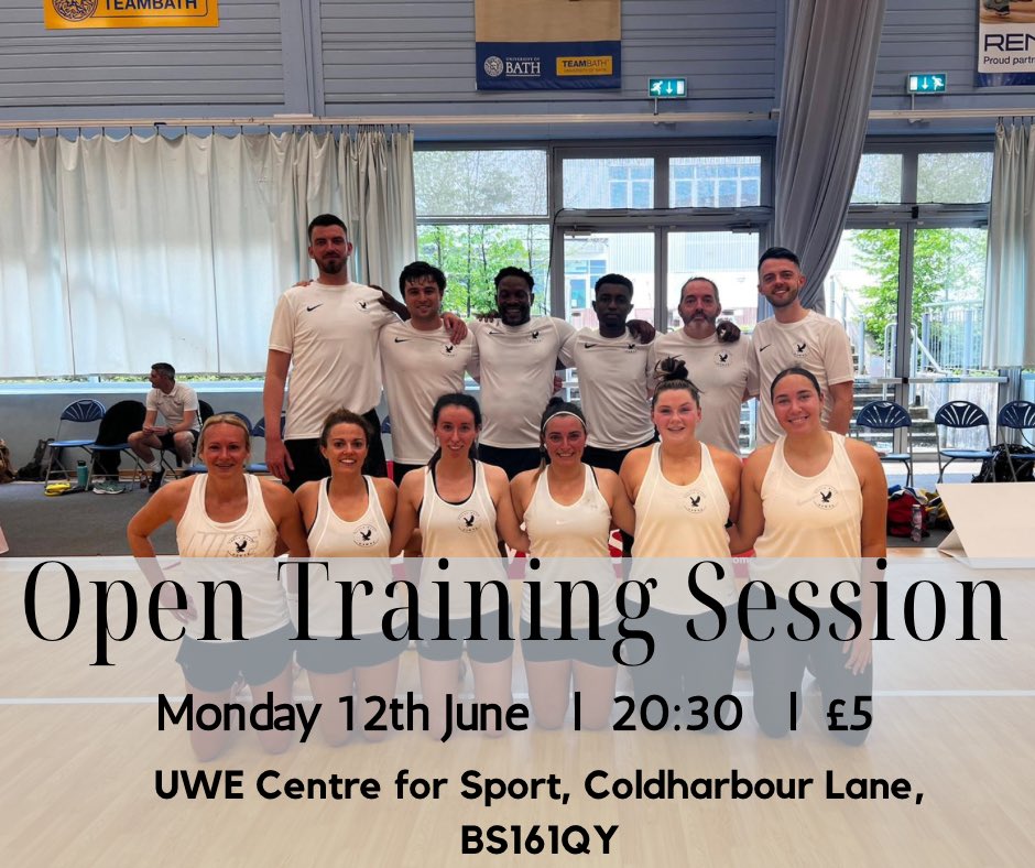 ‼️Open Training Session‼️

🗓️Monday 12th June 
⏰20:30 - 22:00
📍UWE Center for Sport 
💰£5 
🕺🏼💃 Open to all 16+