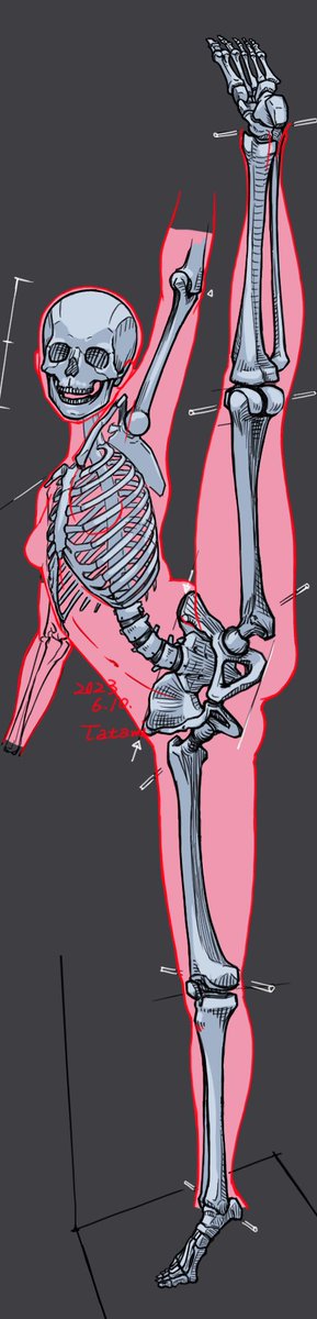 複雑なポーズの人体構造の透視では美術解剖学の知識が活きます。右足がパースに乗ってない。。修正しないと。。
