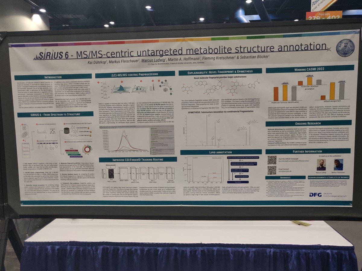 Goodbye #ASMS2023 
I appreciate the great discussions at the poster session about #SIRIUS_MS and at @bright_giant booth.
I hope more people start doing untargeted small molecule ID.
SIRIUS continuously gets better and better. Stay up to date for our future updates.
#SIRIUSScience