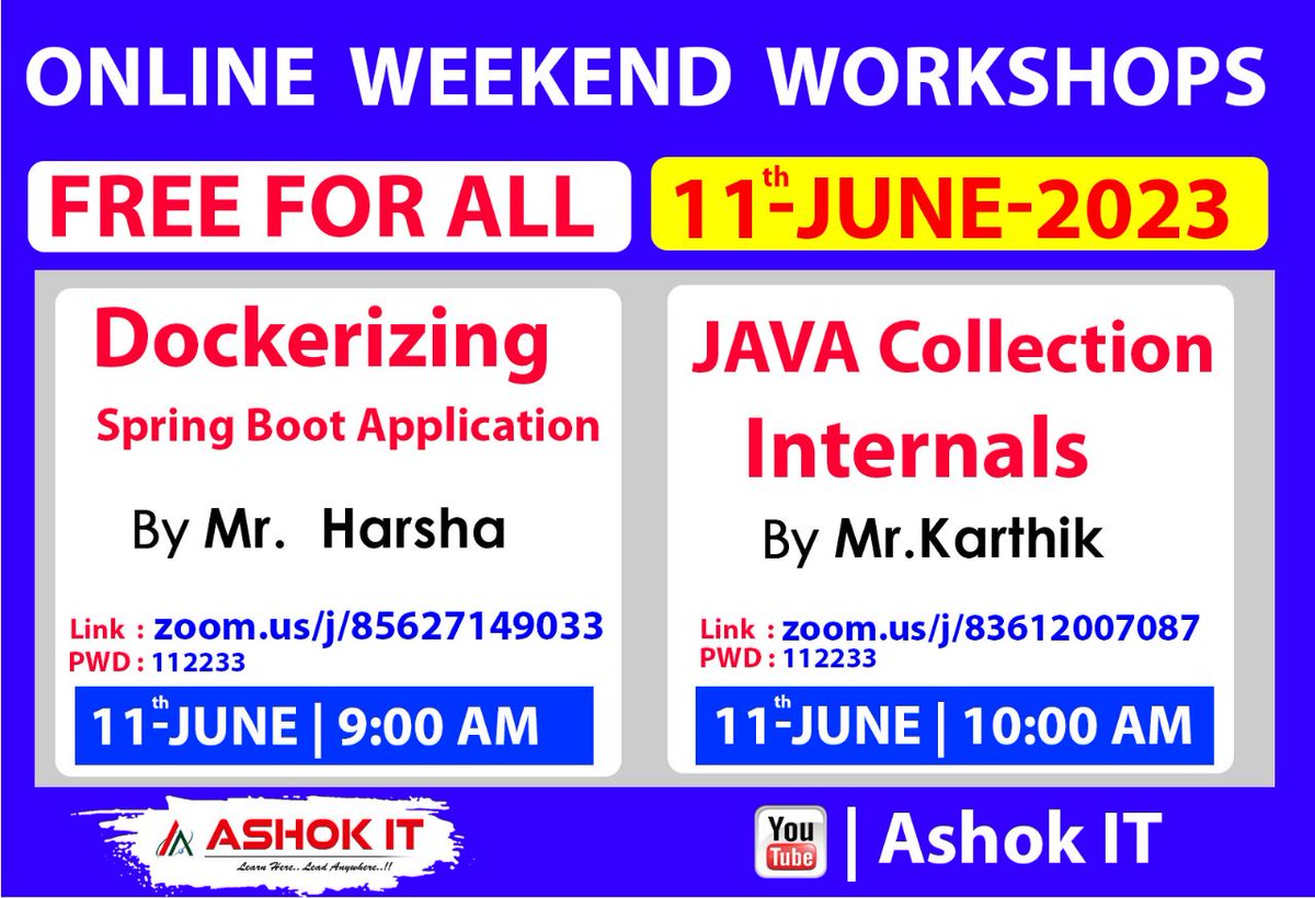 ashokitschool's tweet image. 📷 Free Workshops 📷
📷 Enroll Now : bit.ly/3OmpzLv
📷 Workshops On 11th-June
📷 Subscribe To Youtube Channel: bit.ly/41IHJdj
📷 Visit : ashokitech.com
CALL NOW: +919985396677
#java #javacollections #Dockers #springboot #workshop #onlinetraining