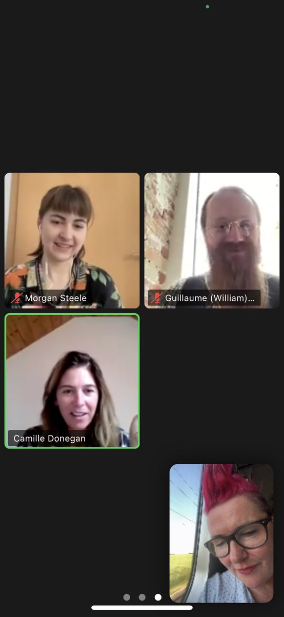 jomangan's tweet image. The world we live in is amazing really. 4 of us meeting to discuss #SPACEProgramme tech requirements from 4 different countries@on Zoom. Me on a train in Denmark, Guillaume in Ukraine, Morgan from ⁦@OnceOffHQ⁩ at ⁦@pq_festival⁩ and ⁦@VRCamillecom⁩ in Ireland.