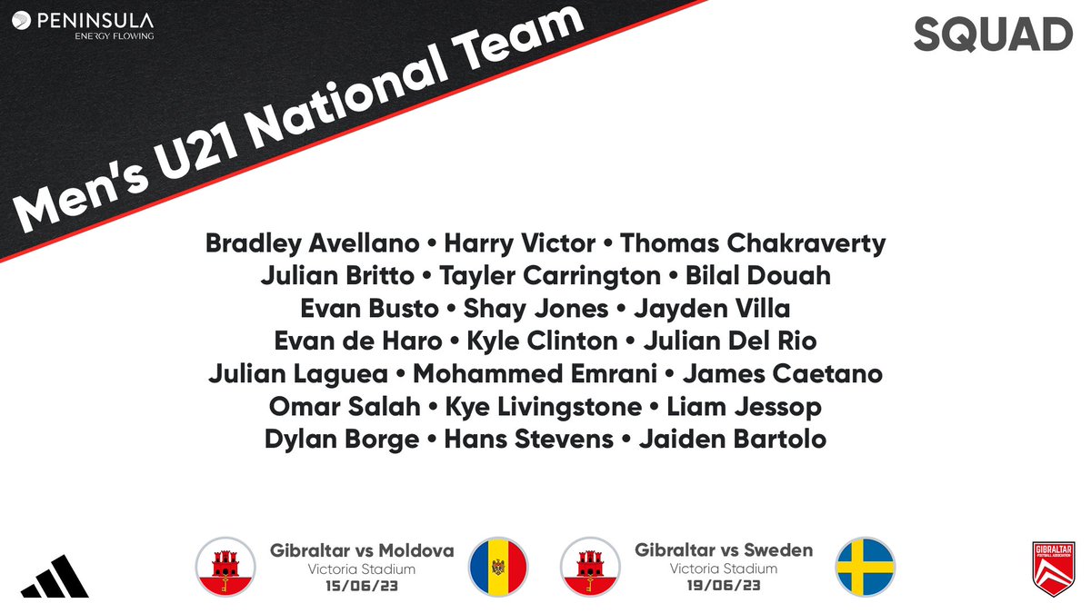 Your 🇬🇮 Men’s U21 National Team Squad taking on Moldova 🇲🇩 and Sweden 🇸🇪 at the Victoria Stadium 🏟️

🎟️ Tickets available for purchase on match day at the ticket office‼️
