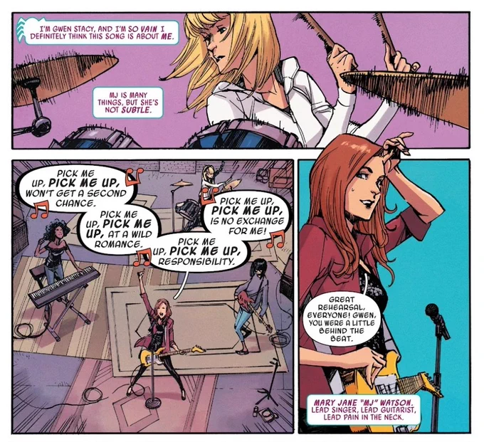 the mj in gwen's universe canonically liking and dating women and being implied that she might have a crush on gwen makes me crazy grabs my head . IF MARVEL WEREN'T COWARDS THEY WOULD GIVE THIS TO ME .