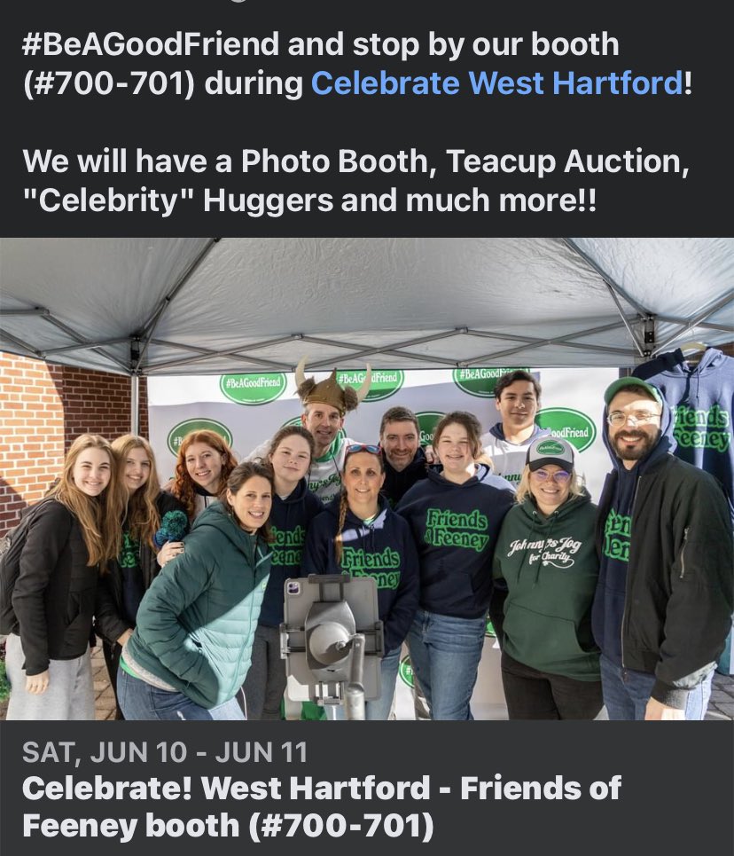Friends of Feeney will be at Celebrate! West Hartford (<a href="/CelebrateWH/">CelebrateWH</a>) this weekend. Stop by booth 700-701 and take pics in our digital photo booth, get a hug, participate in our teacup raffle, and check out the merch we have for sale!

#celebrateweha #BeAGoodFriend #ukraine2weha