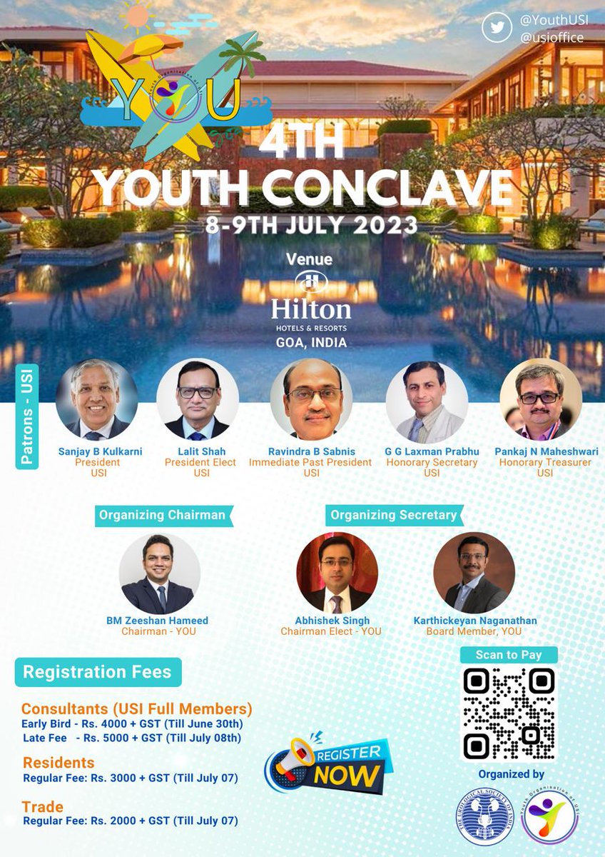 Don't miss out on 4th USI YOU Youth Conclave to be held at Hilton Resort Candolim, Goa July 8th and 9th, 2023. The registration link is given below. rzp.io/l/eSP5AZyNm.