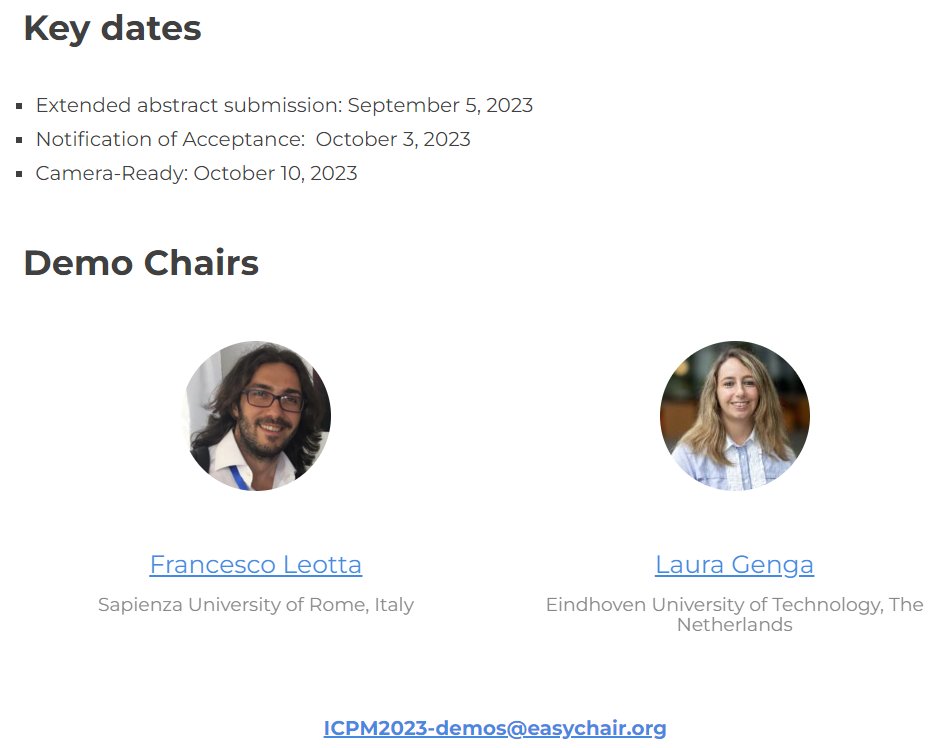 📢 Did you miss the abstract submission deadline for #ICPM23? You can still think to submit at the Demo Track: the extended abstract submission is on September 5, 2023! #process #mining
🔗 Call for Demos: icpmconference.org/2023/call-for-…
<a href="/ProcessMiningTF/">Task Force on Process Mining</a>