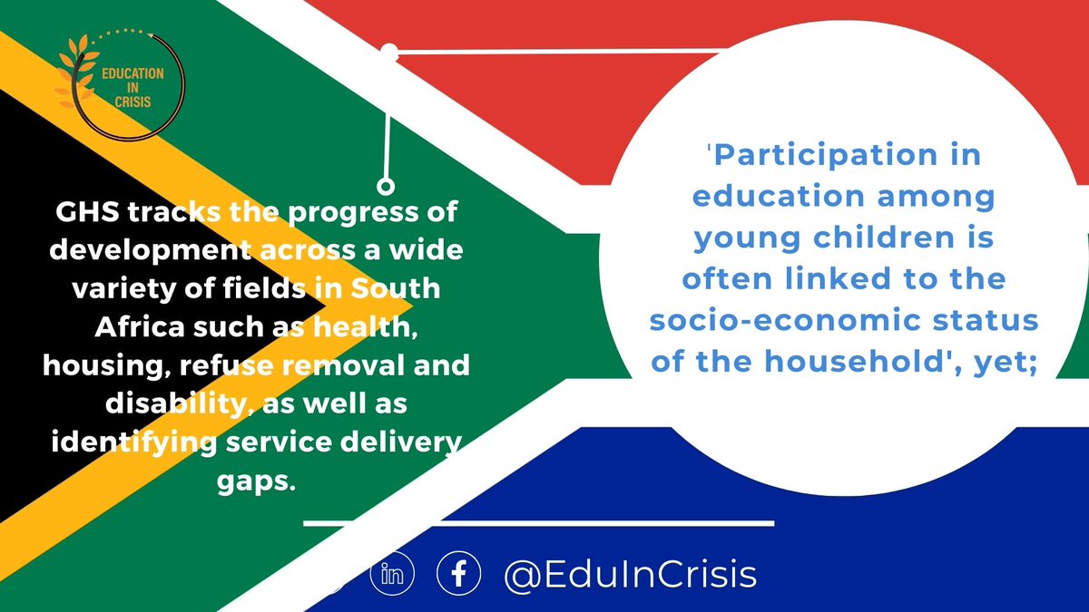 #Day50
#SouthAfrica

'Participation in education among young children is often linked to the socio-economic status of the household' ydt;

GHS tracks the progress of development across a wide variety of fields in #SouthAfrica such as health, housing etc as well as identifying…