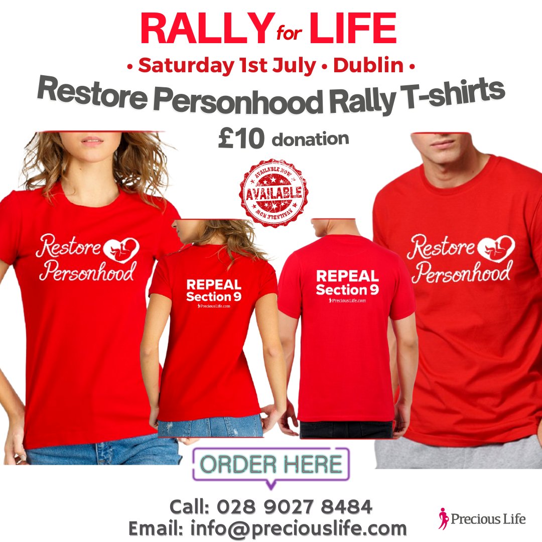 📣ONLY 3 weeks to go!
All Ireland Rally for Life Saturday 1st July
DUBLIN 
rallyforlife.net/dublin-2023

👕 Get Rally ready with a Restore Personhood T-shirt. Call 028 9027 8484 or 📧 info@preciouslife.com to order. All sizes available

#RalllyforLife #WhyWeMarch