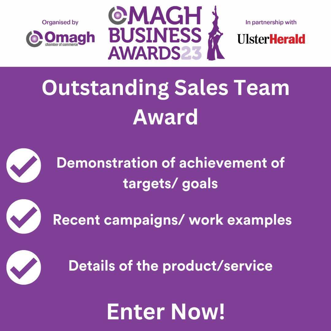 Outstanding Sales Team sponsored by <a href="/CraftTraining1/">Craft Training</a> 

The Omagh Business Awards are organised by <a href="/OmaghChamber/">Omagh Chamber of Commerce and Industry</a> and <a href="/we_are_tyrone/">WeAreTyrone</a> 

Enter now👉 ow.ly/rMUF50OFJXm

#ThePeopleBehindTheNews #OBA23 #BusinessAwards #Events #LocalMedia #LocalBusiness