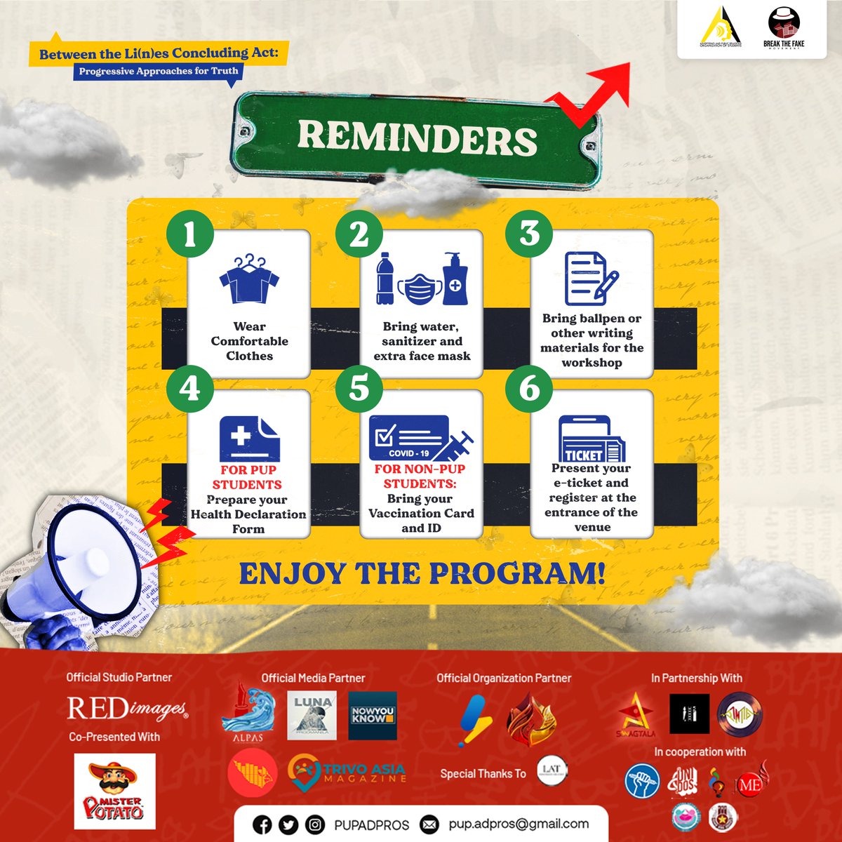 PUPADPROS's tweet photo. Here's the venue map and reminders to guide on your way to PUP Main, Claro M. Recto Hall.  Invite your info champs colleagues and let's fight for the truth! 

https://t.co/B9Tz6Hdex5

#BTLConcludingAct 
#ADPROSxBreakTheFake 
#CriticalADPR https://t.co/fReReRV8uX