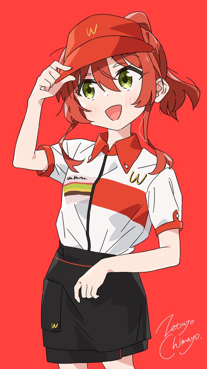 1girl employee uniform solo red hair green eyes smile red background  illustration images