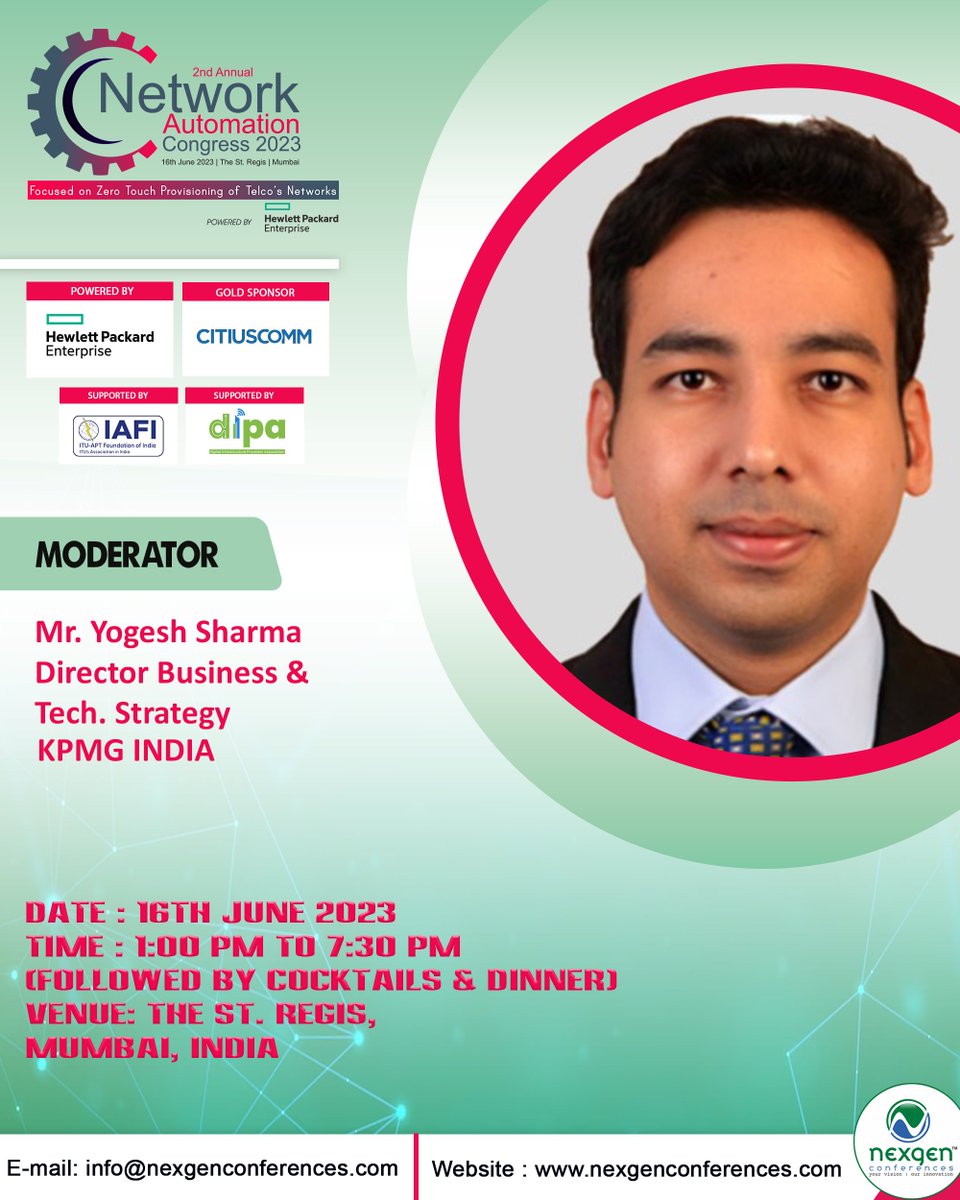 #RegisterNow 
Join our esteemed Moderator - #YogeshSharma l Director Business & Tech. Strategy @KPMGIndia @#NGC_NAC
Date : 16th June 2023
Time : 1:00 PM to 7:30 PM (Followed by Cocktails & Dinner) 
Venue: The St. Regis, Mumbai
#SaveTheDate #business #technology #digital #network