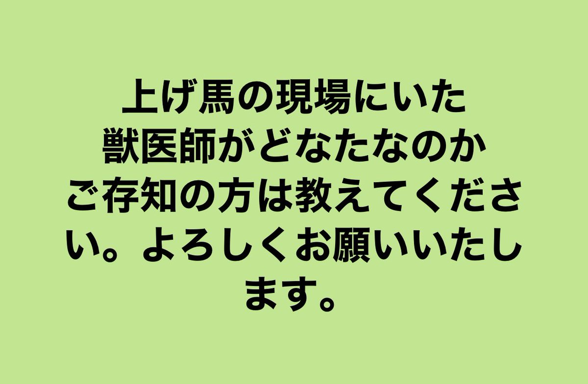 【拡散希望】
上げ馬の現場にいた
獣医師がどなたなのか
ご存知の方は教えてください。
よろしくお願いいたします。
info@ngo-lia.org