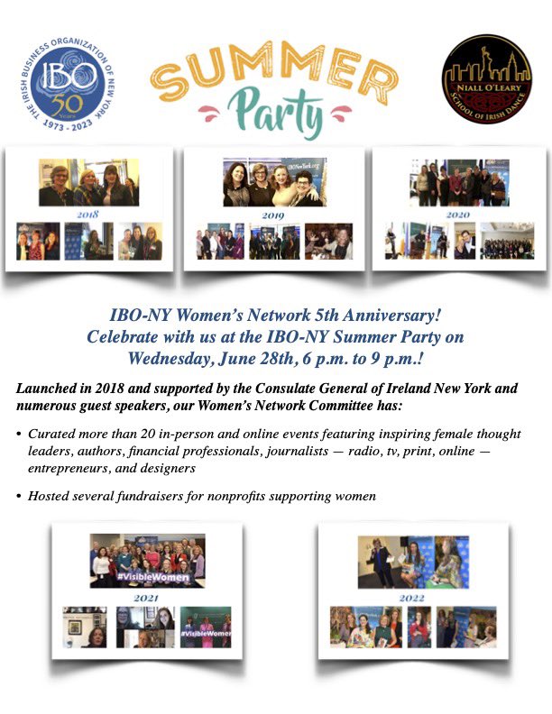 @IrishBusinessNY @nynynol @Paul_NY @SmugglingNun @OghamArt @ShellQL @collinsnetwork1 @MaryZedd @IrishStarUS @IrelandinNY @WomenAmbitionNY #IBOWomensNetwork launched five years ago! It’s time to celebrate @ #IBOSummerParty! 

Tickets here > ibonewyork.org/event-5294427

 #BYDN