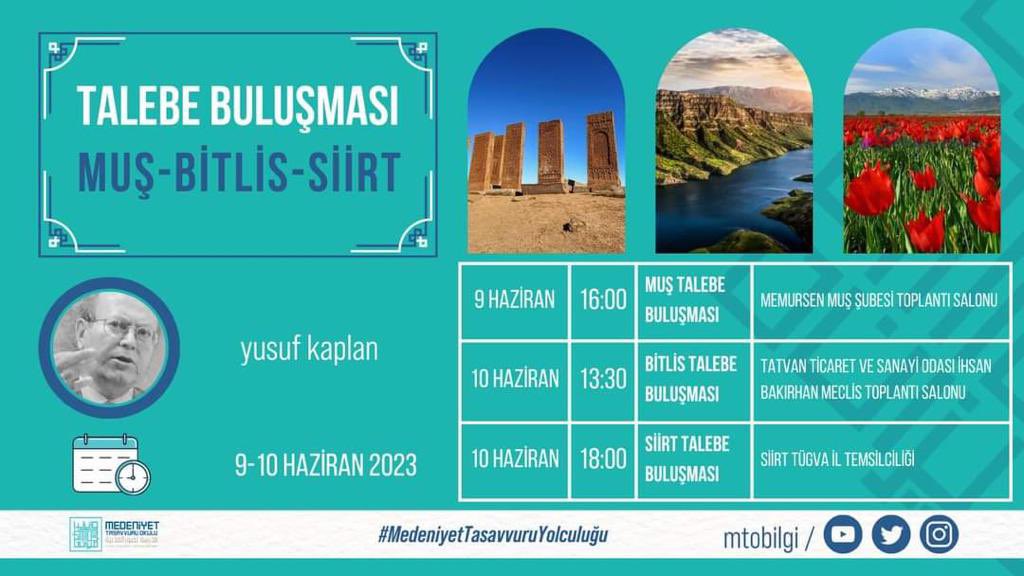 Medeniyet Tasavvuru Okulu

✔️ SİİRT Talebe Buluşması

🕑10.06.2023 Cumartesi  
       Saat 18.00

@yenisafakwriter hocamızın katılımıyla
Siirt TÜGVA İl Temsilciliği’nde yapılacaktır.

Bekliyoruz…

@yenisafakwriter 
@MtoBilgi #MTO