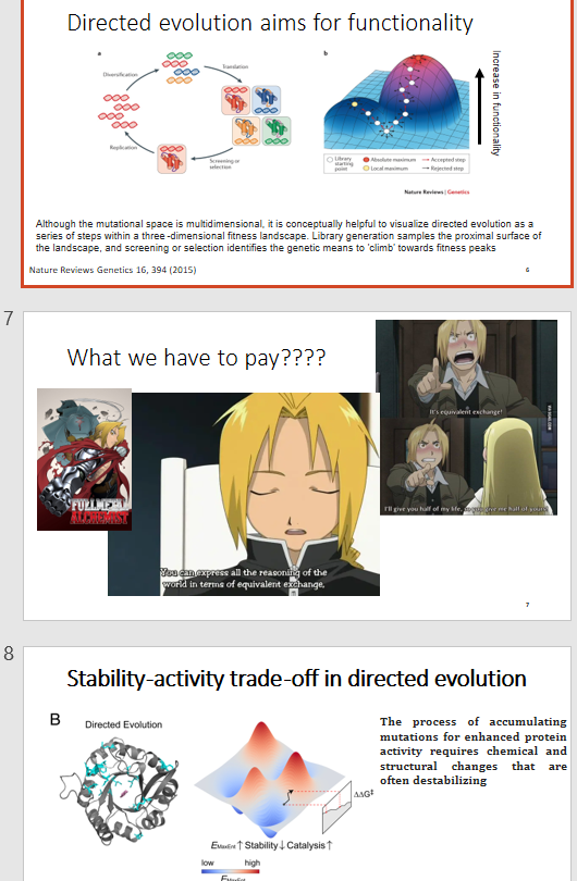 Having some pleasure using #FullmetalAlchemist  and the rules of #equivalentexchange to explain the concept of Stability-activity trade-off in #directedevolution #science #nerd #Anime #teaching