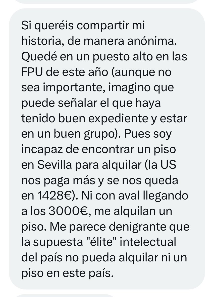 FPUinvestiga's tweet photo. 🥵Qué frustrante es recibir mensajes privados de este tipo de compañer@s que buscan desahogarse. 

🤬Aquí la muestra de un combo de indignidades: la de los bajos salarios en la academia (i.e., predocs) y la de los alquileres en este país. 

✊🏼¡¡Seguiremos en pie de guerra!! https://t.co/jx2loLb5CC
