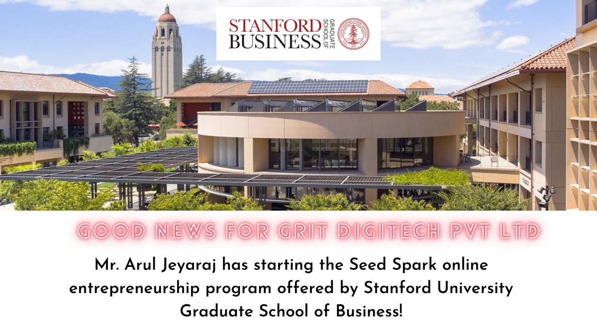GritCareer's tweet photo. Good News! 
Congratulations! Mr. @aruljeyarajs GRIT DigiTech Pvt ltd Founder / CEO starting his Seed Spark 07 Cohort, Online Entrepreneurship Program at @StanfordGSB   

Best wishes from Team GRIT @GritCareer from Sivaganga, TN, India @kartipc

#gritdigitech #stanford https://t.co/CqoEaBBHnB