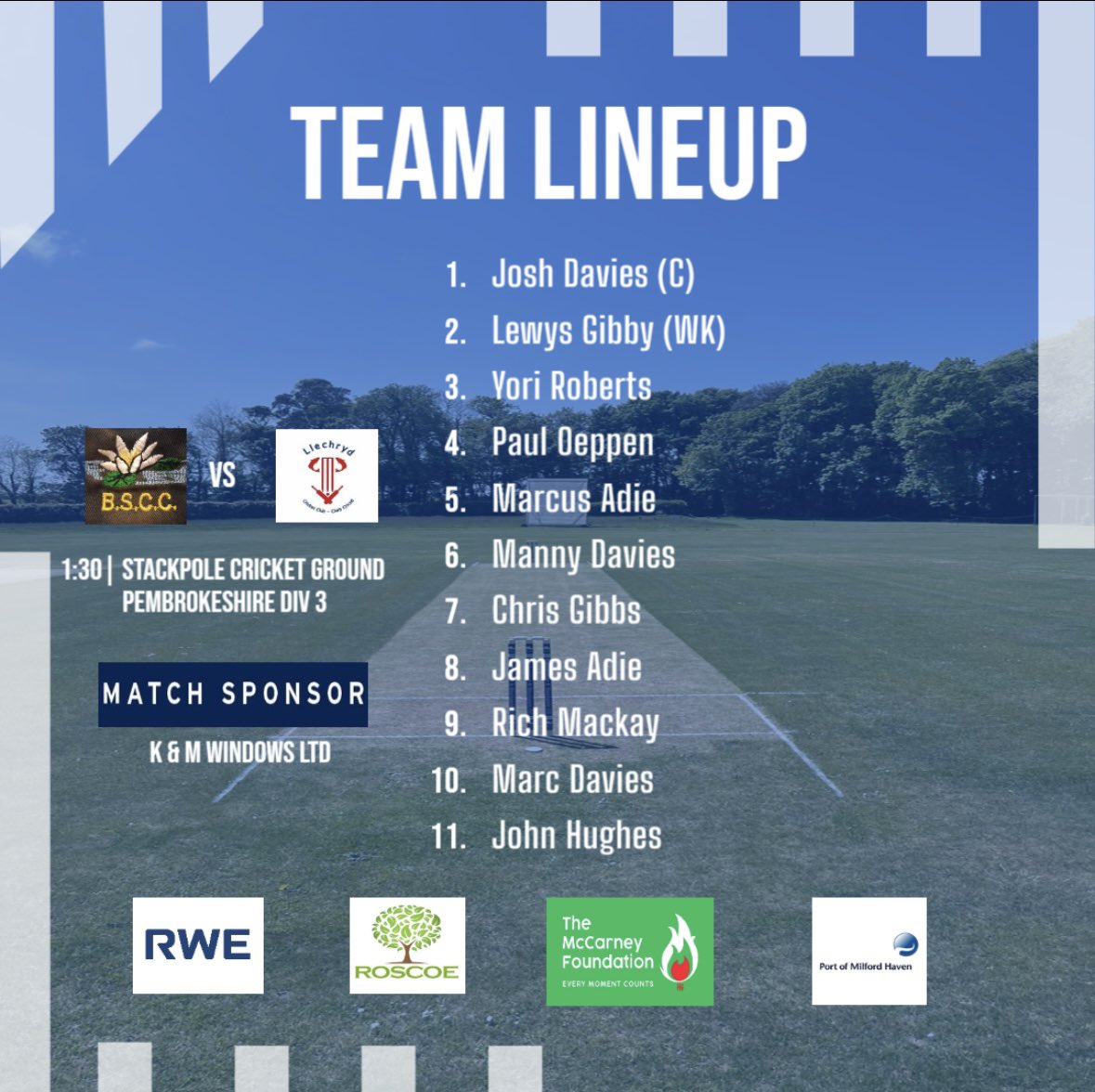 StackpoleCC's tweet image. 🟦 Matchday 8 🟦

Here’s how your Lilies lineup for todays games. Fingers crossed that the weather holds🤞 

Division 3: 1sts Vs @LlechrydCC 2nds (H)
(Match sponsored by K &amp;amp; M Windows)

Division 6: 2nds Vs @CCHendygwyn 3rds (A)

Both games start 1:30! 

#UpTheLilies 👏