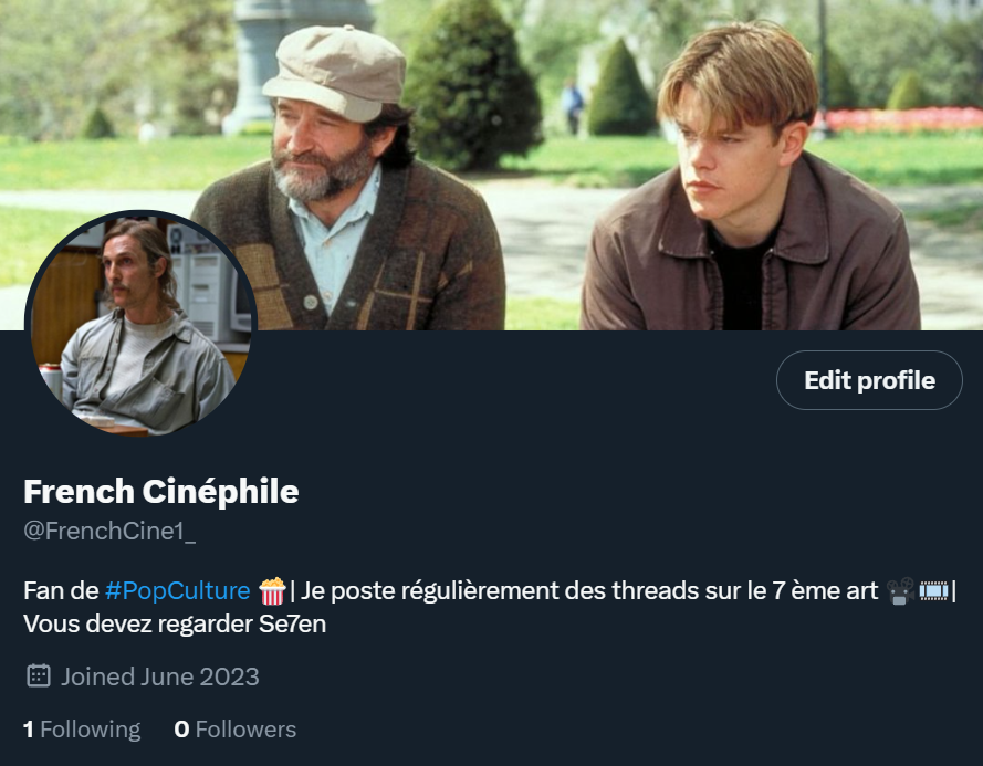 FrenchCine1_'s tweet photo. Salut à tous, c'est @FrenchCine_, ce compte est mort donc j'ai décidé d'en recréer un. 

Si vous ne me connaissez pas, je suis un grand fan de cinéma qui poste régulièrement des threads sur des films que je considère comme excellent.

N'hésitez pas à Fav/RT et à follow (je fb) https://t.co/f9Epkyx9pu