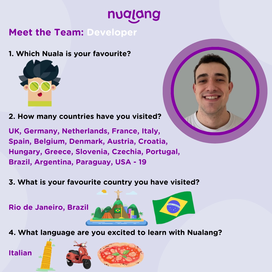 Meet Diego, our dedicated developer building bridges to transform language learning🌉💻

Say hello to Diego and join us in appreciating Diego's efforts👏🏼

#meettheteam #edtech #langchat #mfltwitterati #wlchat #languagelearning #edutwitter #teachertwitter