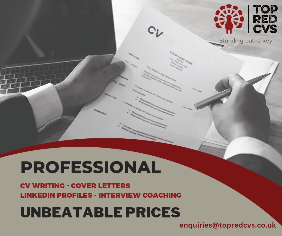 Contact us either by email enquiries@topredcvs.co.uk or give us a call on 0333 335 5720 

#cv #curriculumvitae #resume #recruitment #jobs #jobsearch #employment #interview #newjob #jobhunt #linkedIn #branding #marketing #smallbusinessuk #education #ukbased #cvwriting #work