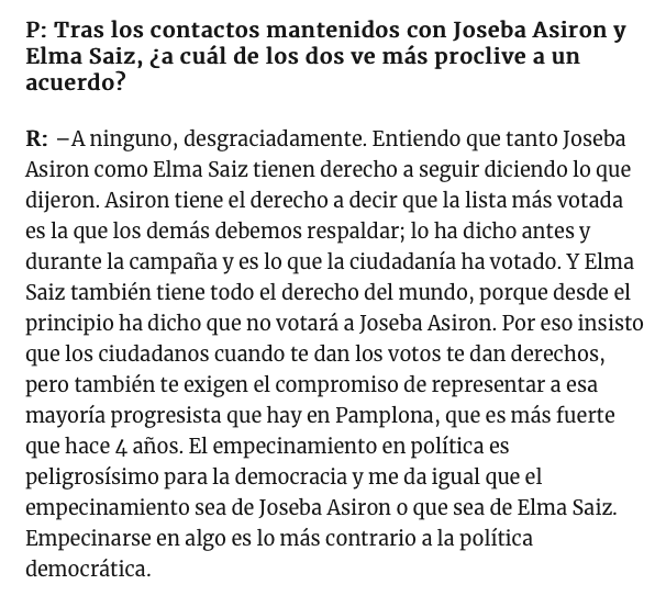 zabaltzen's tweet image. 🟩 En la #PamplonaIruña desgraciadamente bipolarizada, quienes sumamos 16 NOS COMPROMETIMOS ante la sociedad a lograr una ALCALDIA PROGRESISTA

🌳No nos perdonarían, y @𝐠𝐞𝐫𝐨𝐚𝐛𝐚𝐢 𝐍𝐎 𝐕𝐀 𝐀 𝐅𝐀𝐋𝐋𝐀𝐑

👁‍🗨Lee la Entrevista ENTERA a @komaur 

noticiasdenavarra.com/pamplona/2023/…