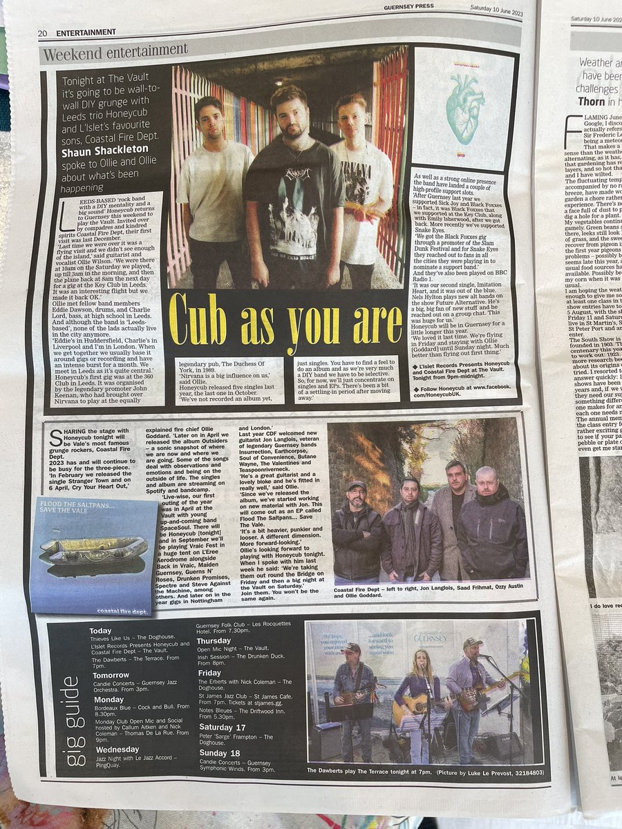 Front Page Superstars Leeds’ @honeycubuk are featured in today’s @GuernseyPress After a few beers around the Bridge last night they head to town tonight to deliver a massive set of banging tunes old & brand new at The Vault, Guernsey. It won’t be raining inside but you will