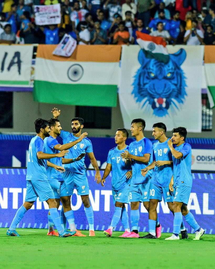 Great first win in #HeroIntercontinentalCup in Bhubaneswar 💙
Congratulations #India @IndianFootball 

#INDMNG ⚔️ #IndianFootball ⚽️ #BlueTigers 🐯 #Congratulationsindia