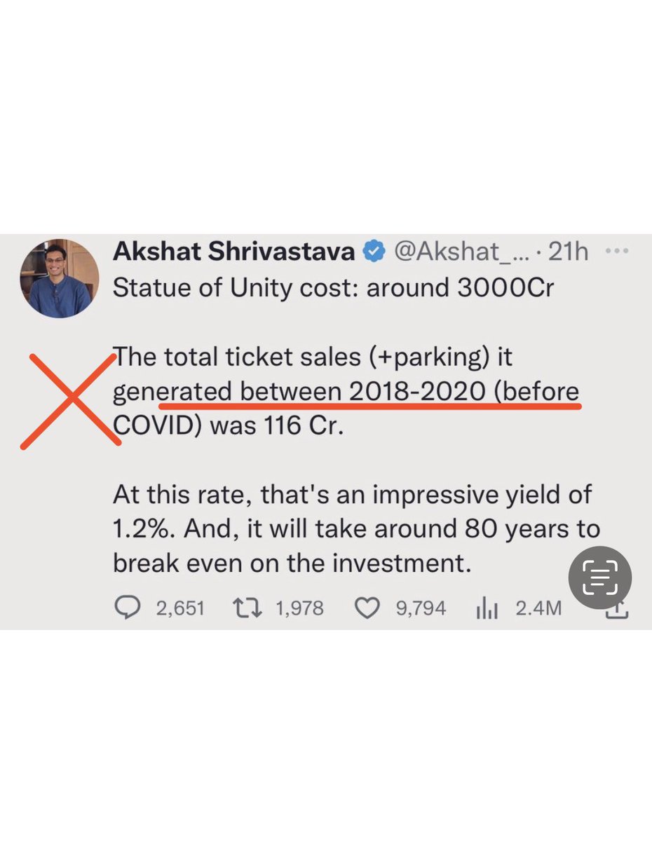 thehawkeyex's tweet image. 🚨MISLEADING - a handle @Akshat_World has picked up data between 2018-2020 &amp;amp; miscalculated as ₹116cr collection in 3yrs to BEP in 80yrs.

FACT1- this ₹116cr is from Nov'18 to Feb'20, i.e 16months not 3yrs.

So per year collection is ~₹88cr (2x of what used for misleading)
1/