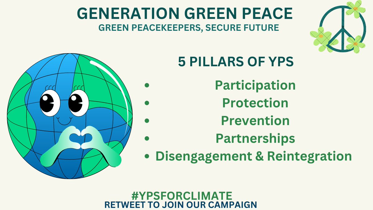 #UNSCR2250 identifies these key pillars and must be included into #climate action. 

@FNFPakistan @FNFreiheit @unoy_peace @theGCF @IYCM @GC_Youth4Peace @gnwp_gnwp @UNEP @USIP @unwomen_pak @UNFPAAsiaPac @AsiaNETW @KAICIID @UNPeacekeeping @UNFCCC @WBG_Climate 

#YPSFORCLIMATE