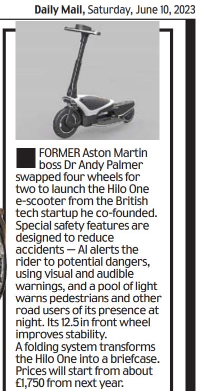 raymasseytweets's tweet photo. Ex #AstonMartin boss Dr Andy Palmer launches smart #escooter designed to cut casualty rates. (But sadly no ejector seat or machine guns). Read me @DailyMailUK @MailOnline #Hilo #HiloEV
#EV #RoadSafety @AndyatAuto https://t.co/jftnno20KT
Online scroll down: https://t.co/rKMqXIi7JR https://t.co/VH0tK90ObY