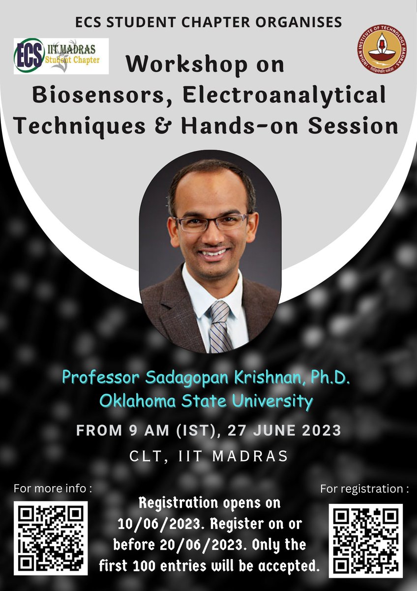 ecsiitmstudchap's tweet image. Here we are with a new workshop on 27th June,2023 at CLT, IIT Madras!!This workshop is on electroanalytical techniques and their applications on biosensors. 
Website: ecsiitm.com
For workshop: ecsiitm.com/workshop-biose…
#iitmadras #studentchapter #workshop