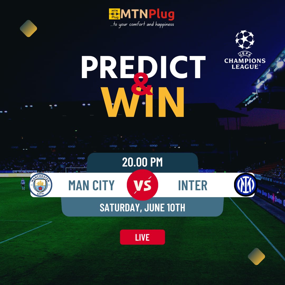 Today is the #UCL final between Manchester City and Inter Milan 

How To Win:
1. Follow @mtnplug
2. Predict the correct score 
3. Like this tweet
4. Retweet this tweet

Only one entry is allowed.

2 Random winners will be selected.

#PredictAndWin #Giveaway #mtnplug