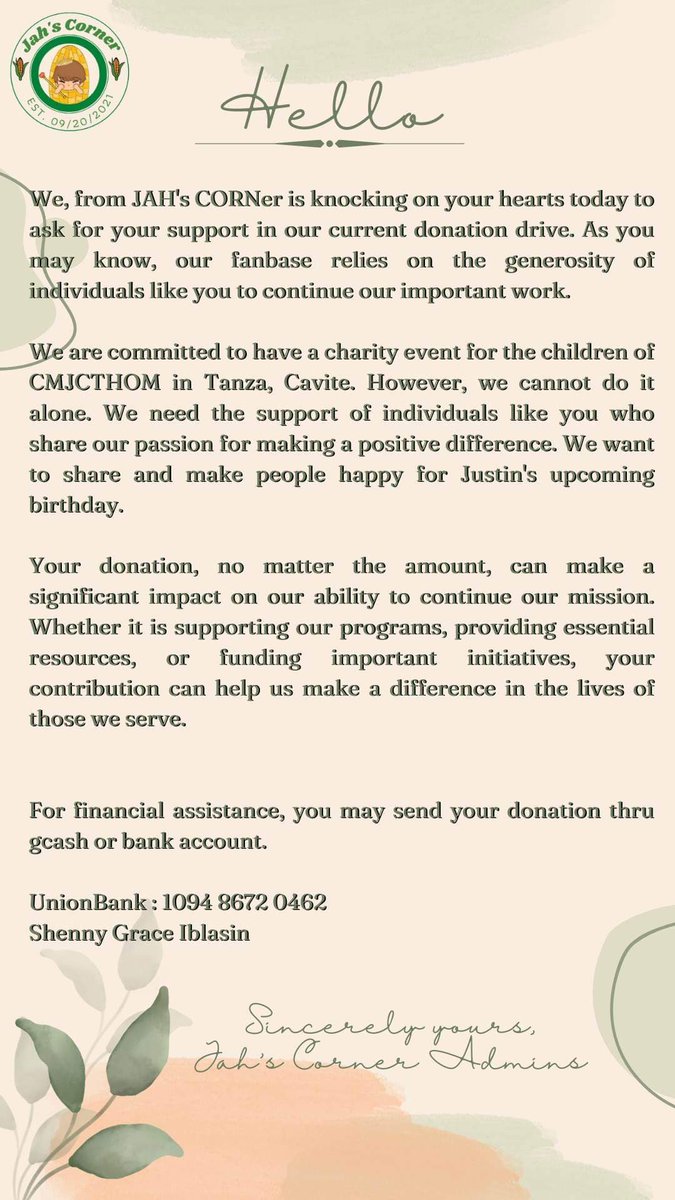 Rest certain that every cent will be put to good use. All gifts and funds will be distributed to children in TANZA. Let's pitch in for the kids and JAH's birthday. Thank you a lot, mga mais.

<a href="/jahdedios/">j</a> #SB19_JUSTIN
@officialsb19 #SB19