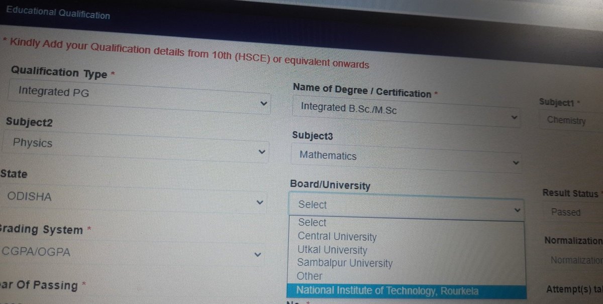 ssss1742's tweet photo. @satyajitips88 sir i completed my Integrated Msc in Chemistry from  BPUT,rourkela
But in opsc recruitment there is no option for BPUT ( for IMSc ) in BOARD/ UNIVERSITY section in the Educational Qualification part. For  this problem i can't apply for the post ACF &amp; Forest Ranger https://t.co/UfGIwOzLl2