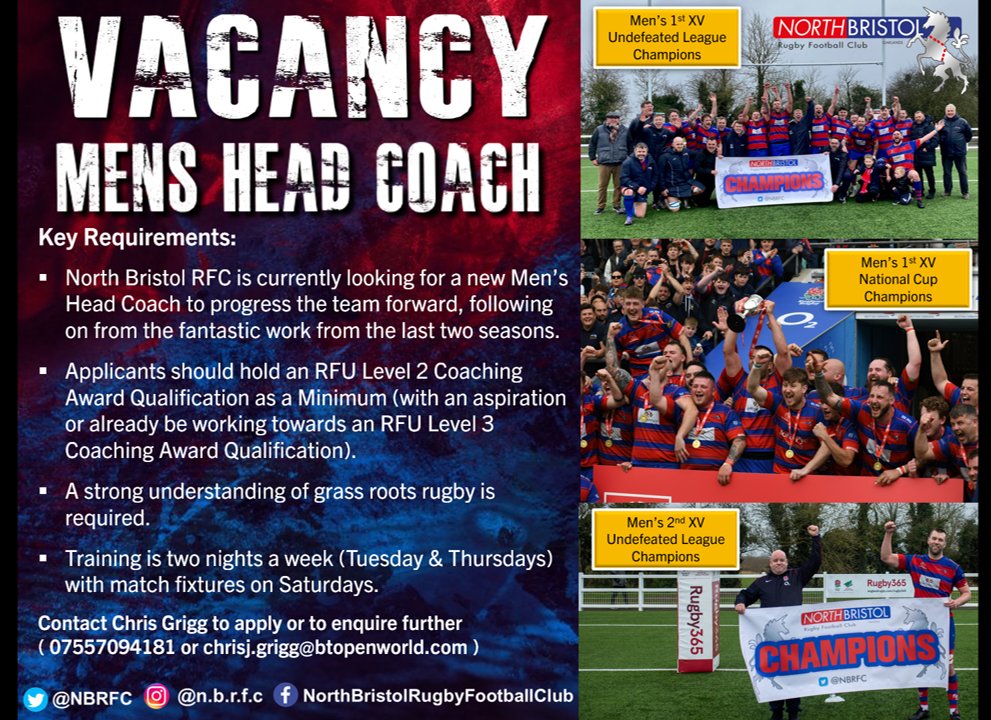 𝙈𝙚𝙣𝙨 𝙃𝙚𝙖𝙙 𝘾𝙤𝙖𝙘𝙝 𝙑𝙖𝙘𝙖𝙣𝙘𝙮 🏉

North Bristol RFC are looking for a  Mens Head Coach to progress the team forward after an unbelievable season that will go down in the history books forever❗