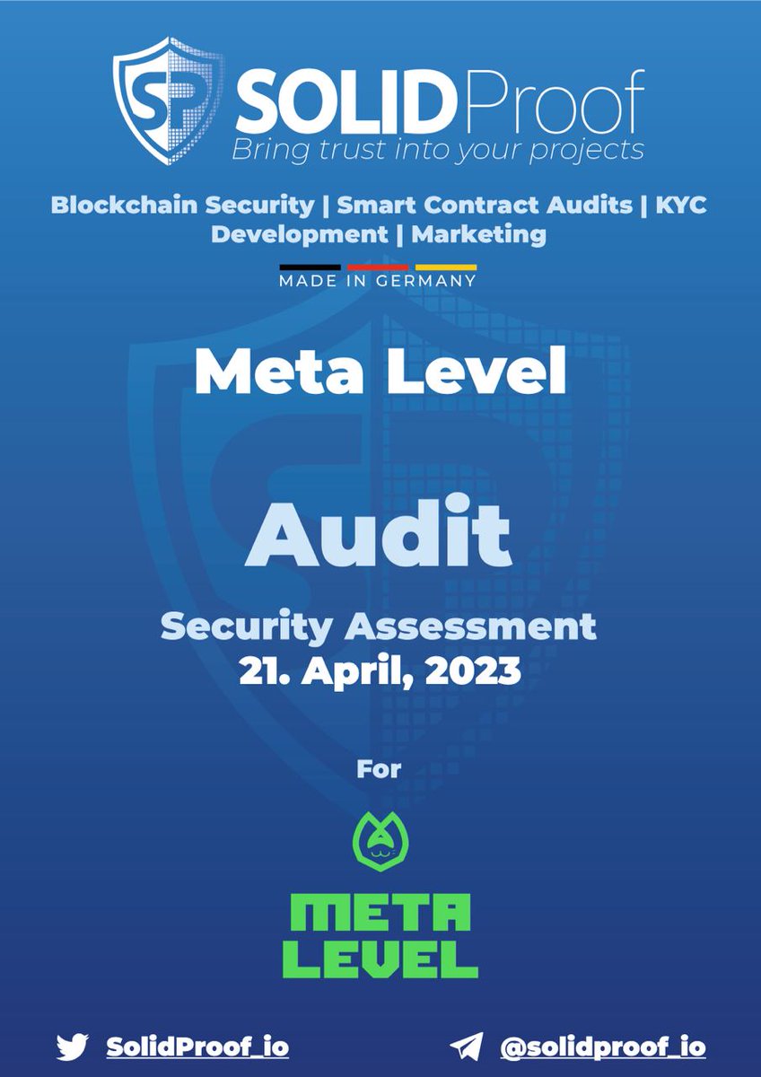 MetaLevelSystem's tweet image. There are a lot of questions about whether the smart contract of the #MLVL token has been audited?

Yes, we have been audited by two independent and reputable auditors in the crypto space.

Solid Proof - github.com/solidproof/pro…
Coinsult - coinsult.net/projects/metal…