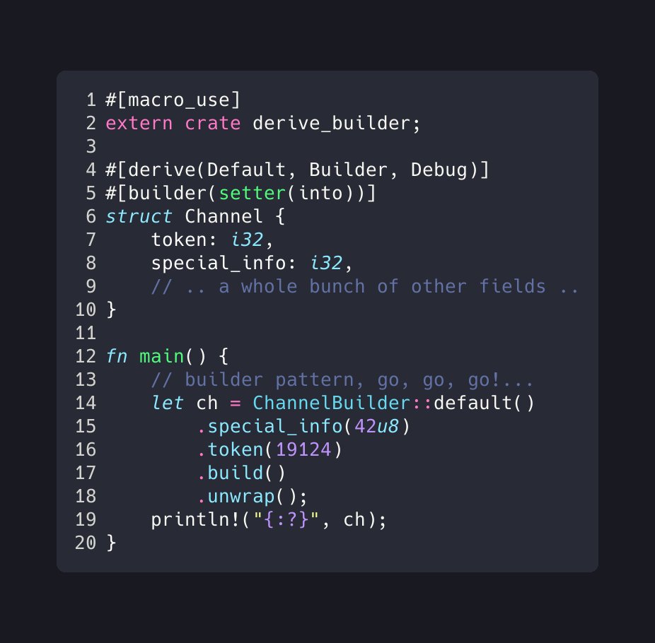 TIL: rust-derive-builder 🦀

🚀 Derive builder implementation for #rustlang structs.

⭐ GitHub: github.com/colin-kiegel/r…