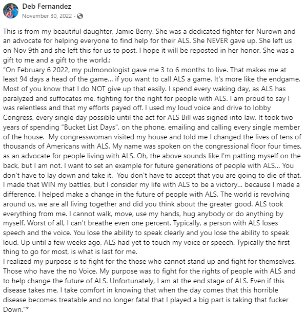 Today is the celebration of life for <a href="/JamieRoseBerryy/">JamieRoseBerryy</a>

@RepAnnaEshoo quoted her in the Congressional record &amp; continues to honor her commitment to Jamie &amp; the #ALS community

#OTD she'd want us to thank you &amp; tell you she adored you @Eshoo4Congress for keeping her legacy alive