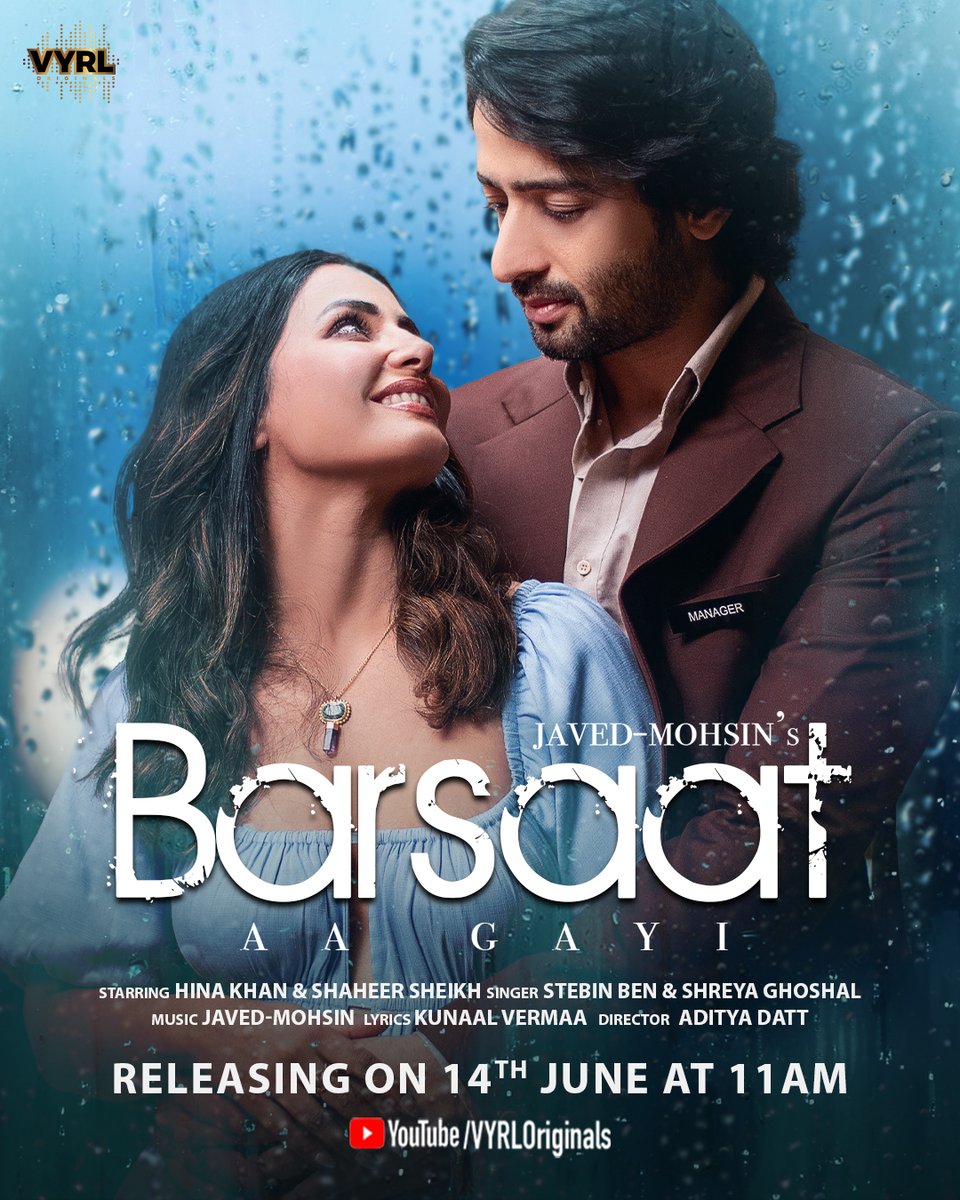 It’s time for the biggest monsoon love song of 2023. #BarsaatAaGayi out on 14th June on our youtube channel. @Shaheer_S @eyehinakhan @javedmohsinMZK @shreyaghoshal @stebinbenmusic @kunaalvermaa77 @adidatt #VYRLOriginals #LoveSong #RainLover #NewSongAlert