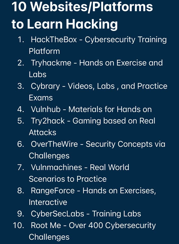10 Top Websites/Platforms to Learn Hacking
#Cybersecurity #Pentesting #Hacking