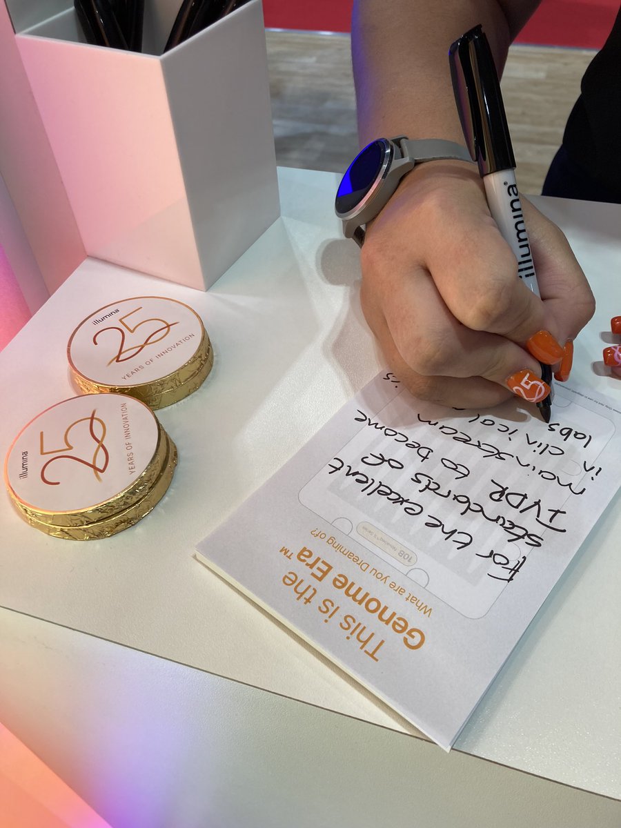 illuminaLive's tweet photo. We’re celebrating our 25th anniversary of innovation at #eshg2023 #illumina booth 230. What are you dreaming of for the next 25 years? Drop by and add your post-it to the Dream Big wall. https://t.co/Cb3YDZvBji