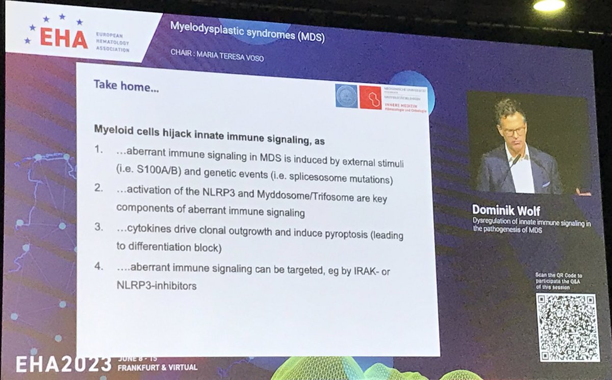 Innate immune signaling in MDS. 

🤯presentation🤯 by Dominik Wolf.

Go read up about
NLRP3
Myddosome
pyroptosis

Brilliant work #EHA2023 #mdssm  @EHA_Hematology