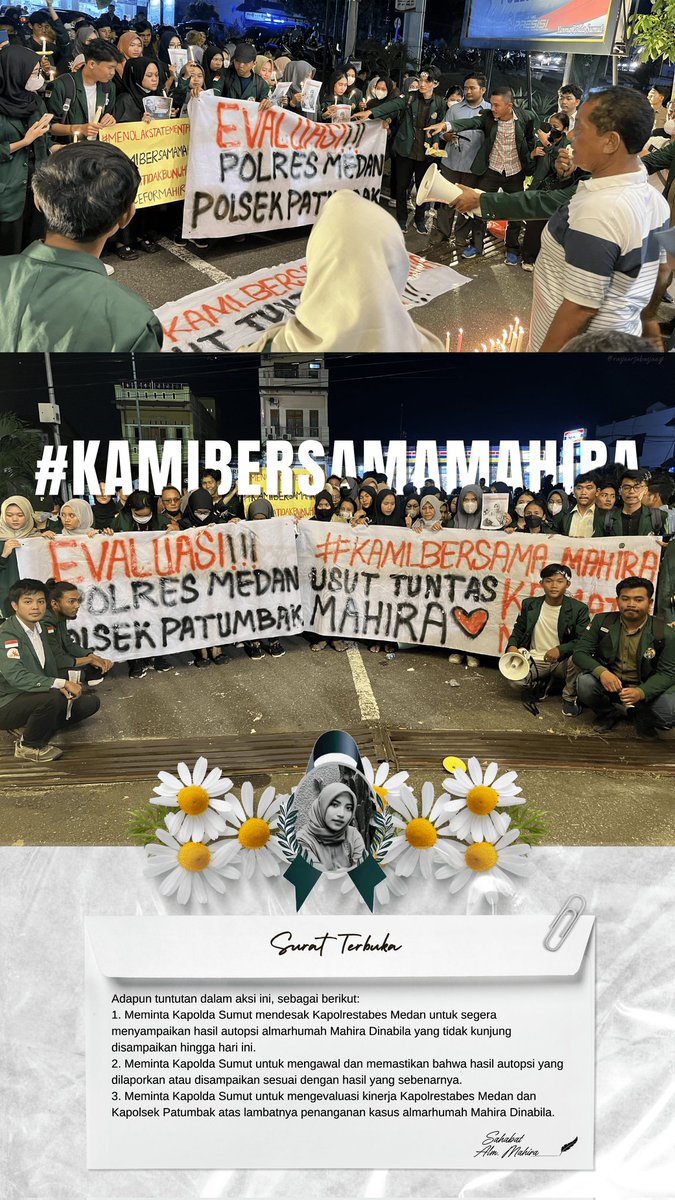 selamat sore teman - teman.
tadi malam (9/6/23) ada aksi solidaritas dari teman sekampus almh. Mahasiswa USU, menyalakan lilin &amp; doa bersama, serta menyampaikan aspirasi mahasiswa ke kantor POLDA SUMUT.
