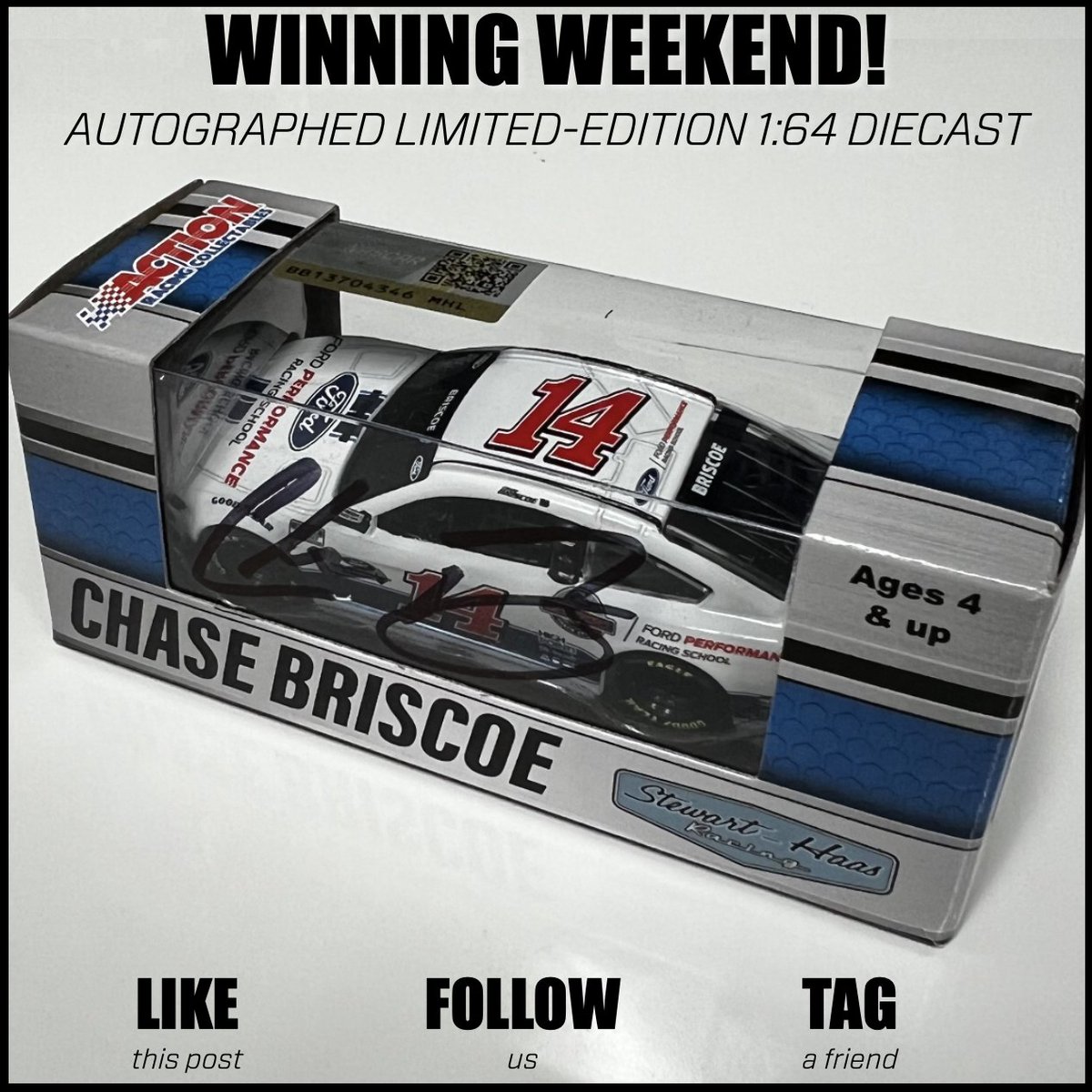 Like, follow, retweet & tag a friend to enter to win 2️⃣ limited edition autographed @ChaseBriscoe_14 @StewartHaasRcng @FordPerformance diecasts! Winner gets 2️⃣ diecasts cars - 1 for you & 1 for a friend! Winner randomly selected from among all entries and notified Monday!