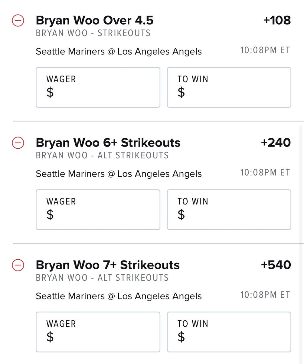 Bryan Woo

Did he struggle in his MLB Debut vs Texas? Yes. But he gets a team that strikes out more than Texas today in the Angels and we get + money for 4.5 and some great ladder odds. At home vs RHPs since May 10th the Angels have the 3rd highest K% at 28.1% 🙏🏼