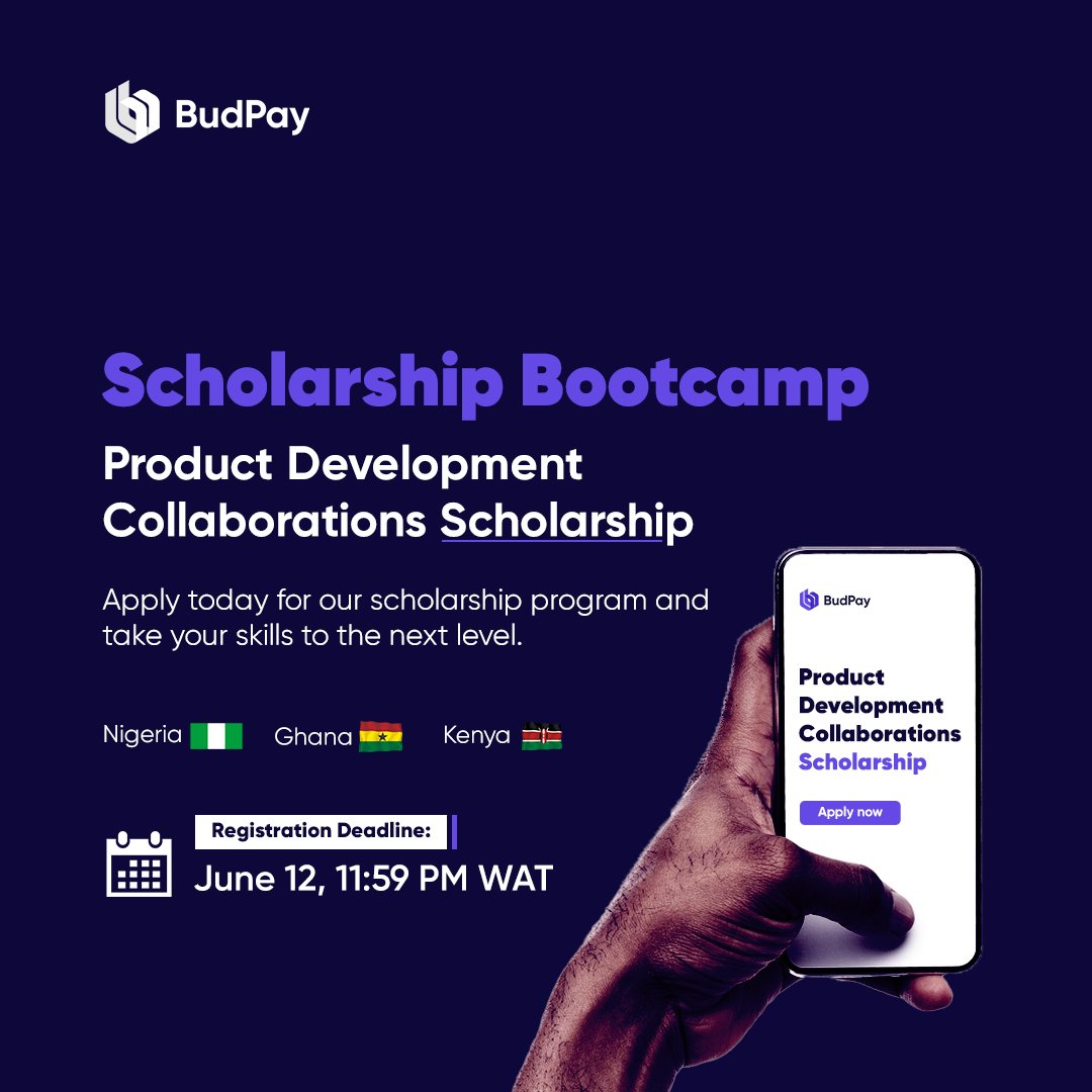 mybudpay's tweet image. Introducing the BudPay Product Development Collaboration Scholarship Bootcamp! 

Calling all developers and designers! Apply now and take your skills to new heights. 

Apply here: bit.ly/BudPayBootcamp

#BudPayScholarship #ProductDevelopment