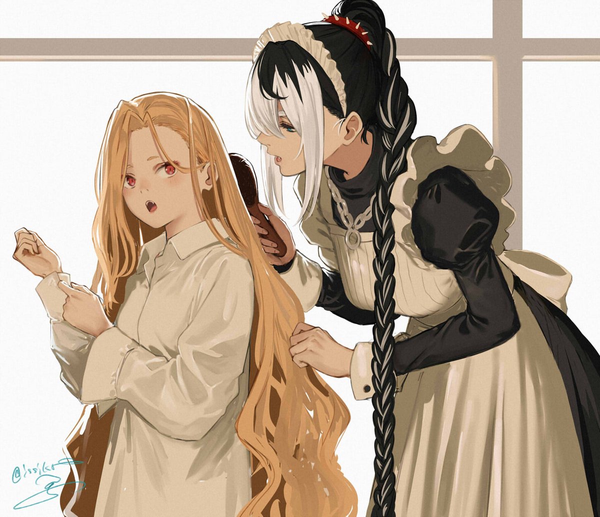 multiple girls 2girls maid black hair long hair braid very long hair  illustration images